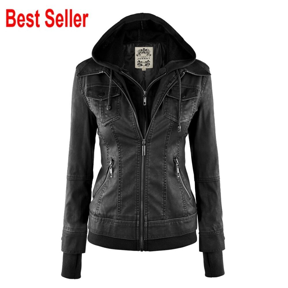 Faux Leather Motorcycle Jacket with Removable Hood Women's Biker Coat